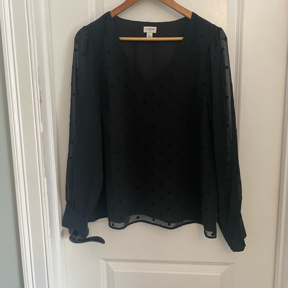J. Crew Black Sheer Velvet Polka Dot V-Neck Lined Blouse